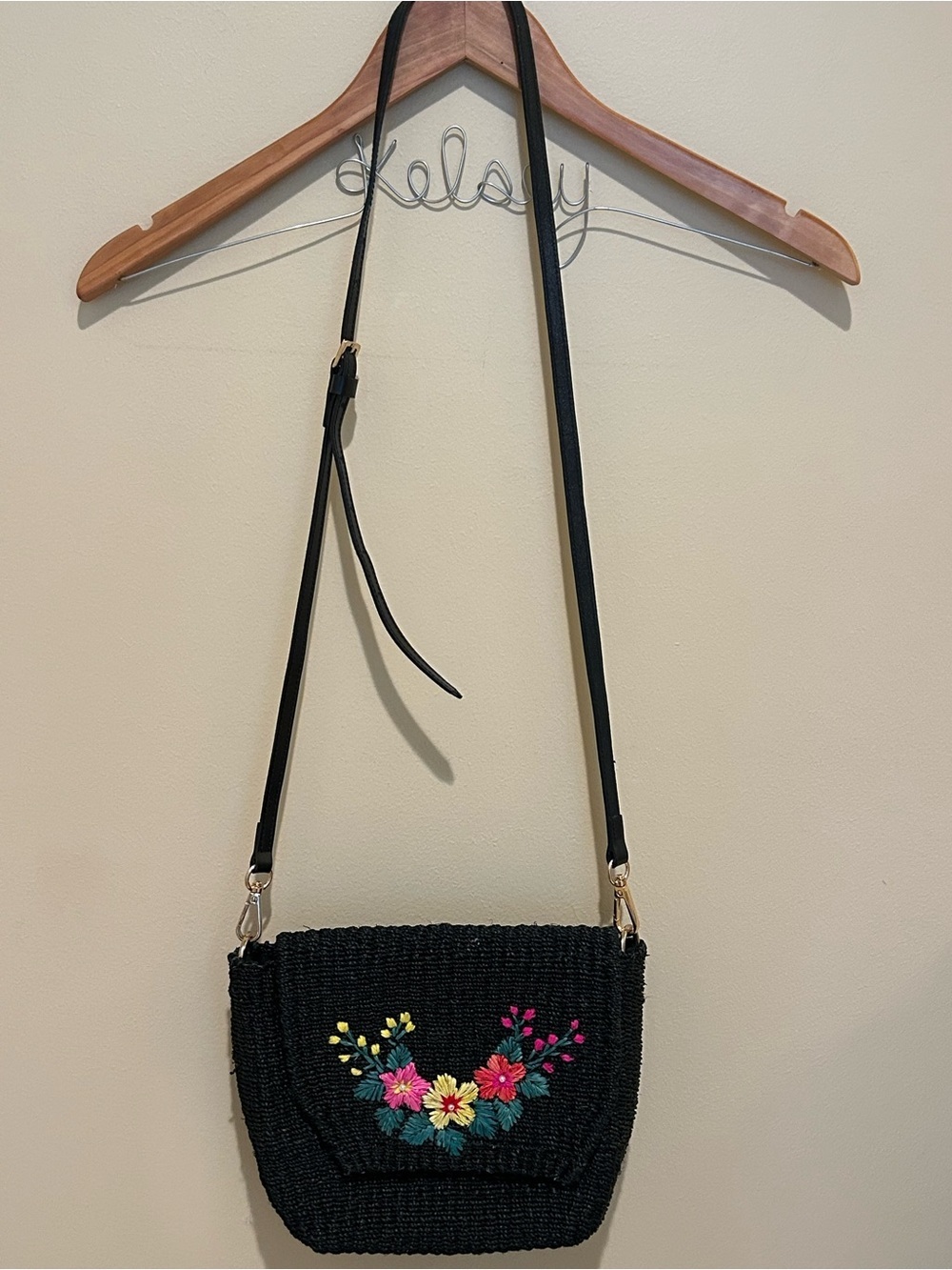 Black Floral Embroidered Straw Crossbody Bag by The Weaving Room One Size
